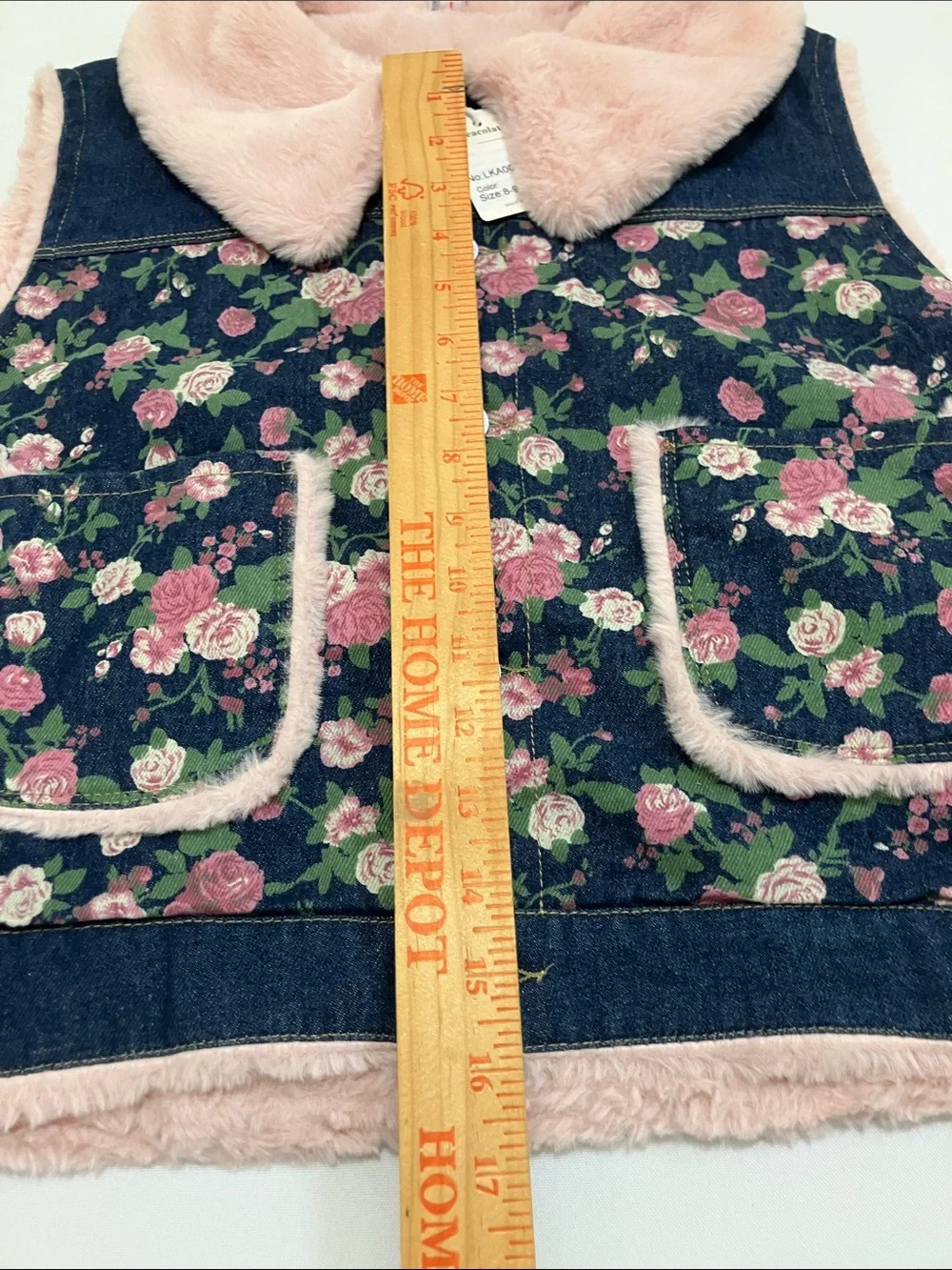 Girls Floral Denim Vest with Pink Faux-Fur Trim